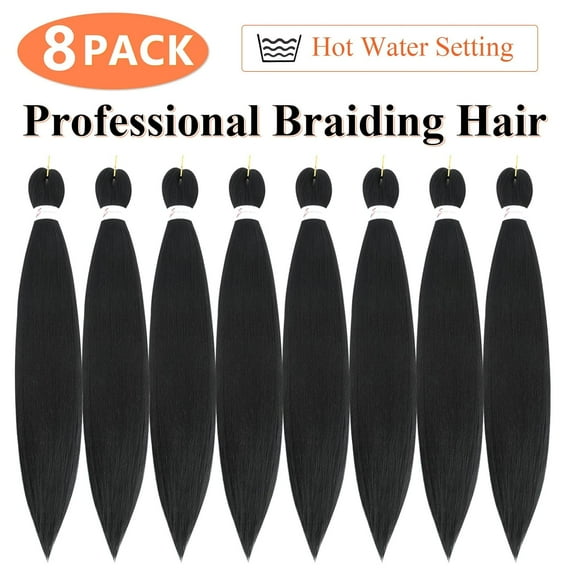 WEIF-Braiding Hair Pre Stretched 24 Inch 8 Packs Pre Stretched Braiding Hair For Braiding Twist Hair For Crochet Braids Hot Water Setting Soft Yaki Texture(24Inch,1B)