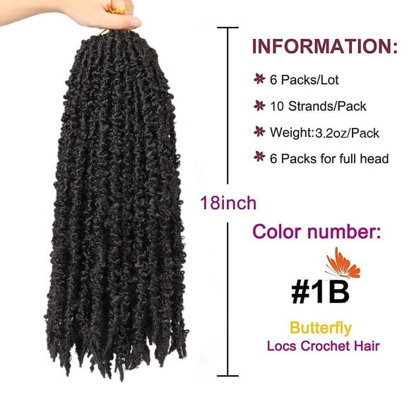 WEIF-Butterfly Locs Crochet Hair 18 Inch 2 Packs Pre Looped Distressed Locs Butterfly Locs Crochet Braids Most Natural Hair Extension for Black Women (18 Inch,1B)