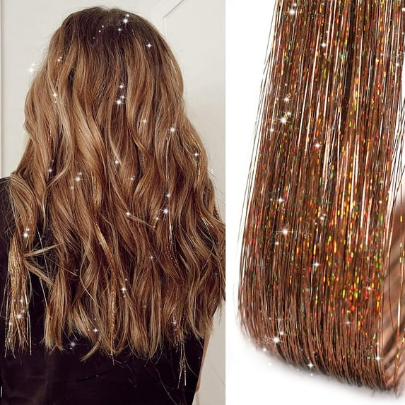 WEIF-Clip in Hair Tinsel, Pack of 12Pcs,20 Inch Glitter Tinsel Hair Extensions, Festival Tinsel Fairy Hair Extension Party Dazzle Hair Accessories Strands Kit for Women Girls Kids(12Pcs,Champagne#