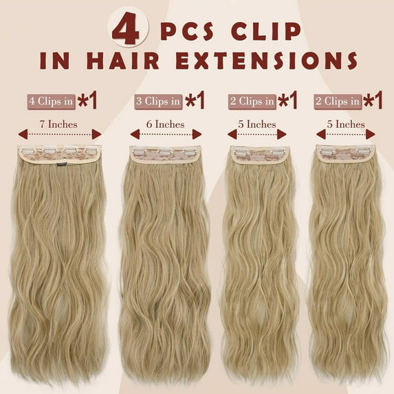 WEIF-Clip in Hair Extensions for Women - 4 Pcs Thick Double Weft Long Wavy Soft Synthetic Blends Well Hair Extension, 20 inch Mixed Blonde