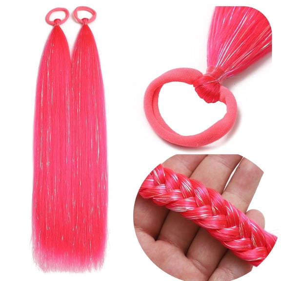 WEIF-Colored Hair Extensions Hot Pink Ponytail Extension 2 Packs, 20 inch Crazy Hair Day Accessories for Women, DIY Festival Wacky Rave Braids,Tinsel Mixed