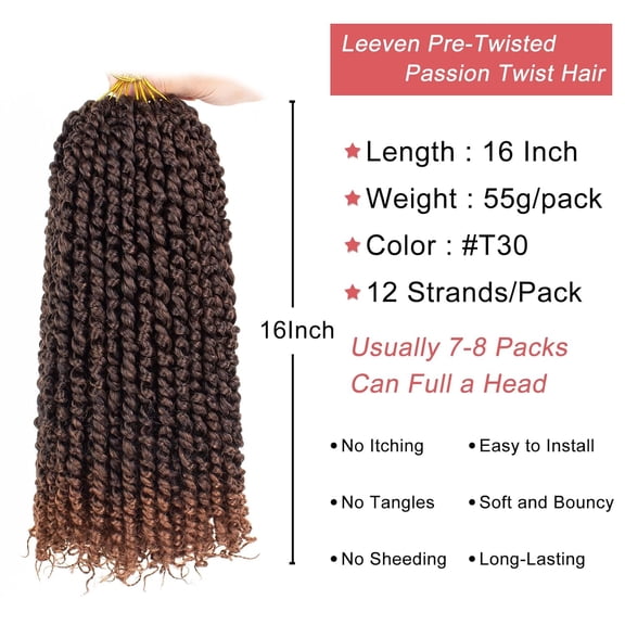 WEIF-Crochet Hair for Women 16 Inch Pre Twisted Passion Twist Hair 8 Packs Ombre Brown Pre Looped Bomb Crochet Passion Twists Bohemian Braids Synthetic Hair Extensions #T30