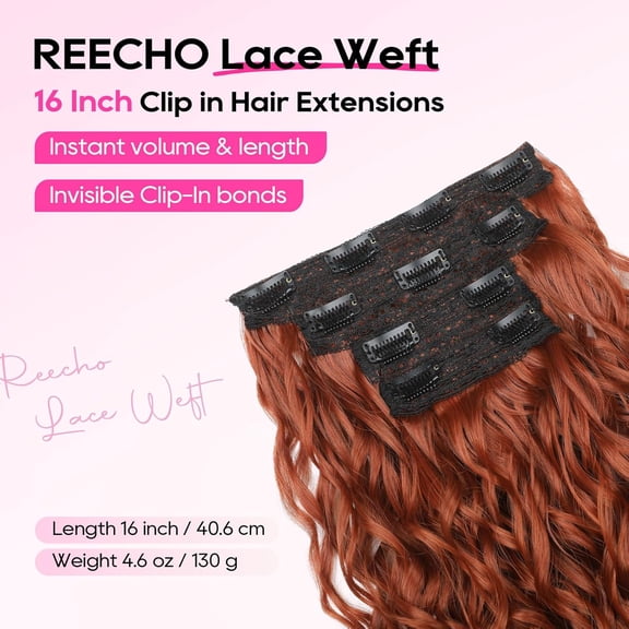 WEIF-Curly Hair Extensions, 4PCS 16 inch Clip in Hair Extensions Lace Weft Short Curly Extension Clip Ins Invisible Natural Hairpieces for Women, Copper Red