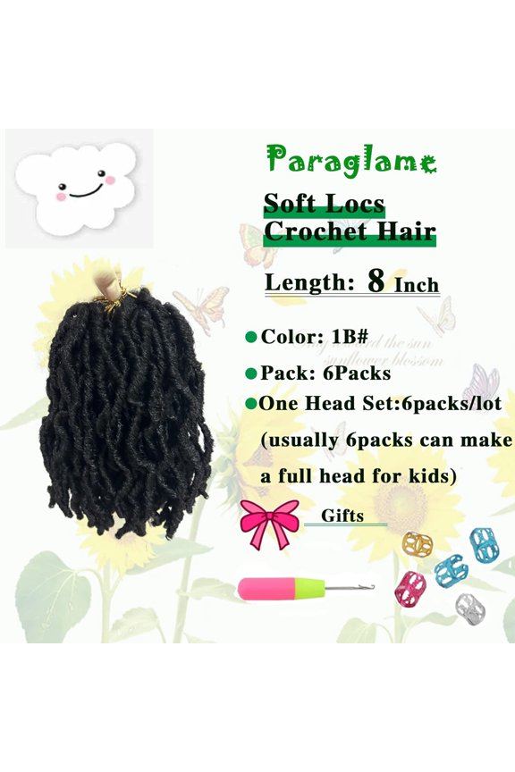 -Faux Locs 8 Inch 6 Packs Soft Locs Crochet Hair for Kids, Pre-looped Goddess Locs Braiding Hair New Faux Locs for Black Women(1B#, 6Packs)