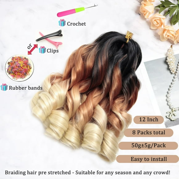 WEIF-French Curl Braiding Hair 12Inch 8Packs French Curl Crochet Braids Short Curly Crochet Hair Bouncy Synthetic knotless Braiding Extensions(1B/30/613, 12inch)