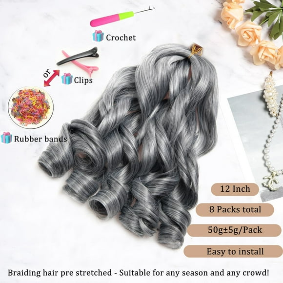 WEIF-French Curl Braiding Hair 12Inch 8Packs French Curl Crochet Braids Short Curly Crochet Hair Bouncy Synthetic knotless Braiding Extensions (Grey, 12inch)