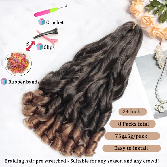 WEIF-French Curl Braiding Hair 24Inch 8Packs French Curl Crochet Braids Short Curly Crochet Hair Skin-friendly Bouncy Synthetic knotless Braiding Extensions (T30, 24inch)