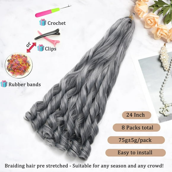 WEIF-French Curl Braiding Hair 24Inch 8Packs French Curl Crochet Braids Short Curly Crochet Hair Skin-friendly Bouncy Synthetic knotless Braiding Extensions (Gray, 24inch)