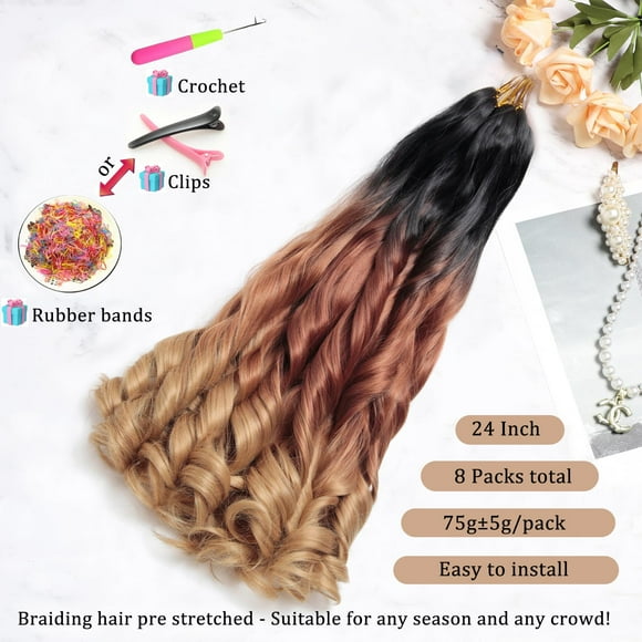 WEIF-French Curl Braiding Hair 24Inch 8Packs French Curl Crochet Braids Short Curly Crochet Hair Skin-friendly Bouncy Synthetic knotless Braiding Extensions (1B/30/27, 24inch)