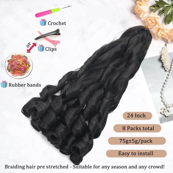 WEIF-French Curl Braiding Hair 24Inch 8Packs French Curl Crochet Braids Short Curly Crochet Hair Skin-friendly Bouncy Synthetic knotless Braiding Extensions (1B, 24inch)