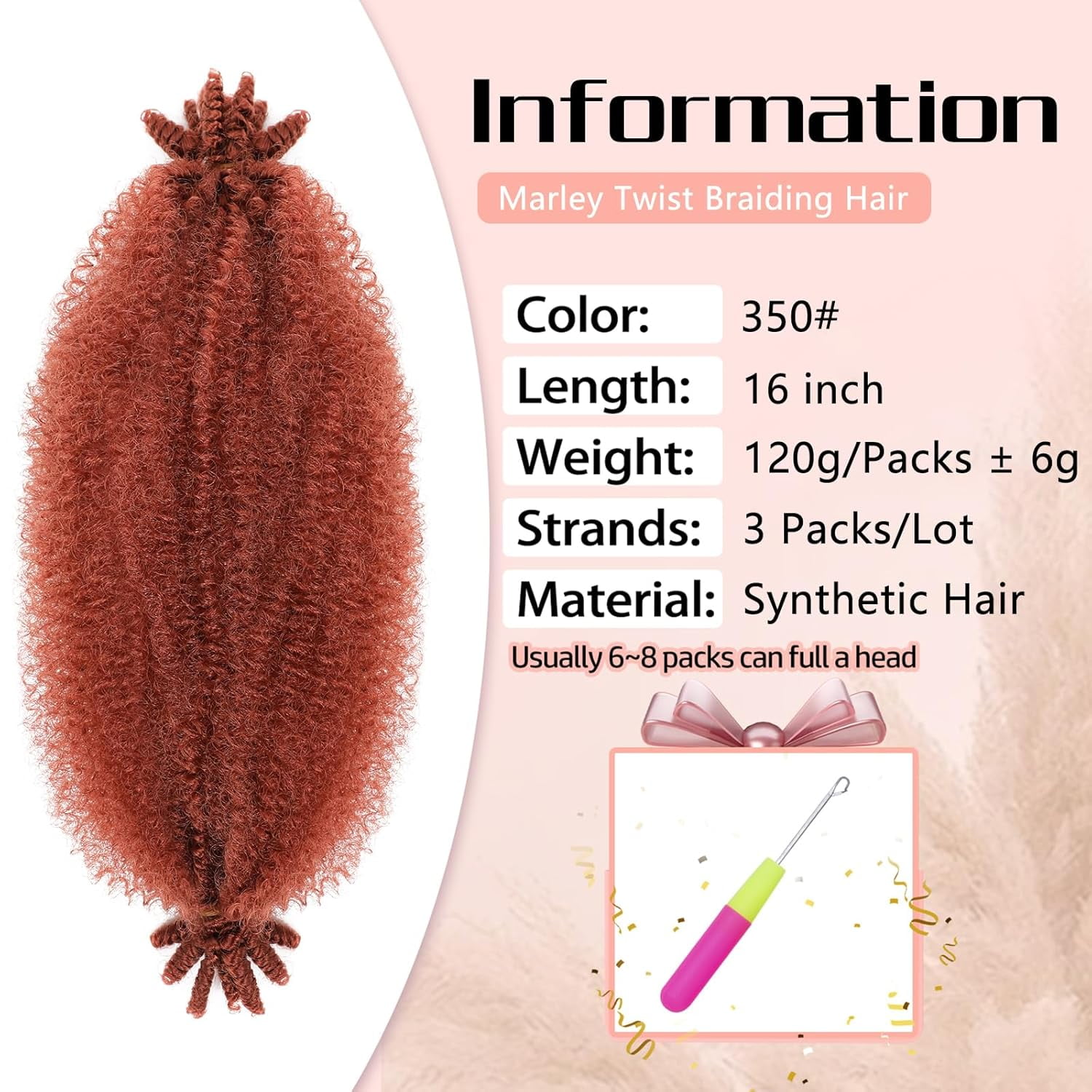 WEIF-Ginger Spring Twist Hair 3 Packs Afro Twist Hair Pre Fluffed 16 Inch Spring Afro Twist Hair Pre Marley Twist Braiding Hair for Soft Locs Hair Extensions (350#)