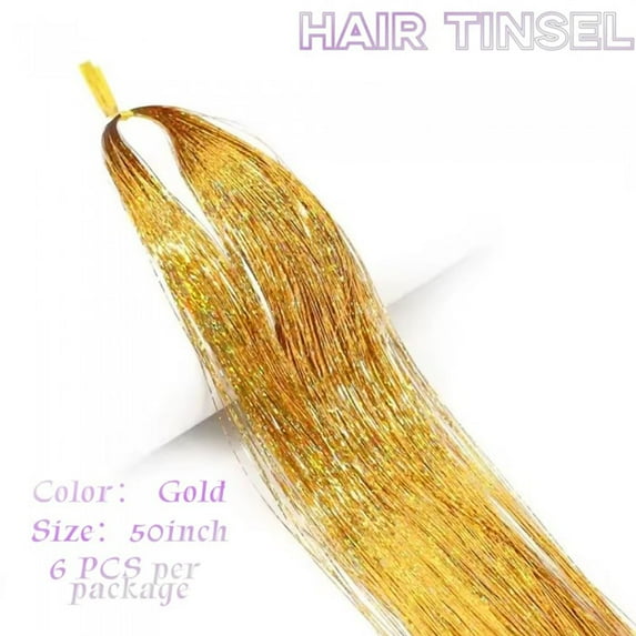 WEIF-Hair Tinsel with Tools, 50 Inch Fairy Hair Tinsel Kit Extensions, 1800Heat Resistant Holographic Glitter Strands Sparkle Party Halloween Cosplay Hair Accessories for Girls (Gold)