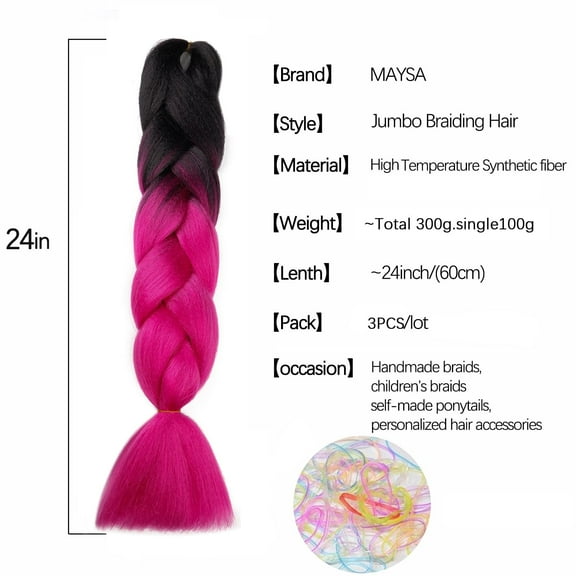 WEIF-Hot Pink Braiding Hair Ombre Pre stretched Braiding Hair 24 Inch 3 Packs Soft Synthetic Fake Hair for Braids # Black-hot pink