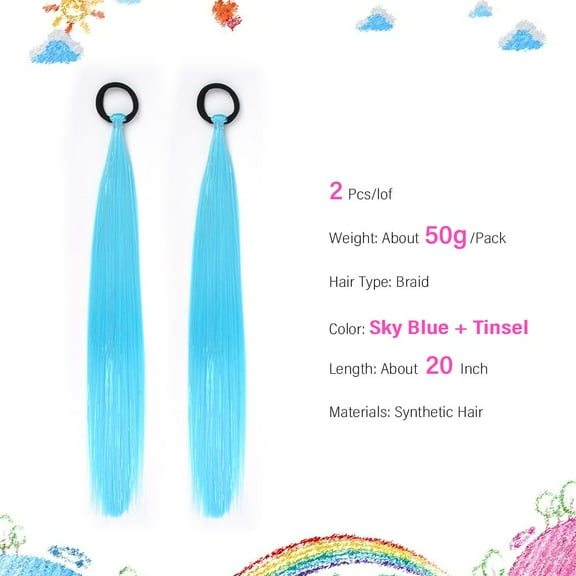 WEIF-Light Blue Ponytail Hair Extensions 20 Inch Sleek Straight Braids with Glitter Tinsel for Cosplay, Anime, Costume Party Hair Accessories 2 Pack