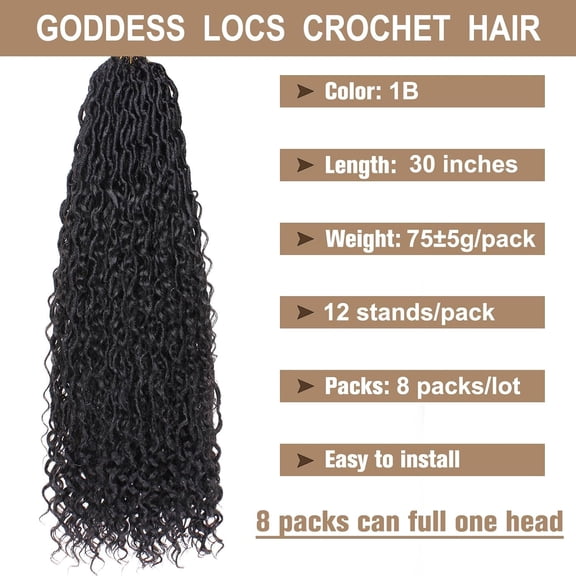 WEIF-Natural Black Faux Locs 30 Inch Crochet Hair for Women - 8 Pack, Pre-Looped Goddess Loc Extensions with Curly Ends - Boho Style Synthetic Hair