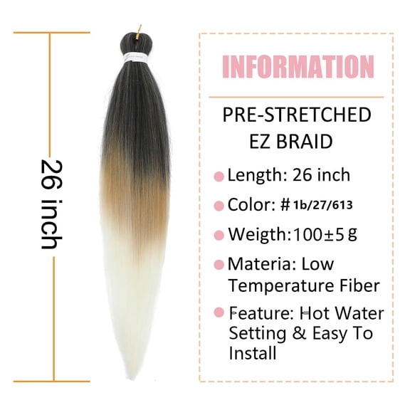 WEIF-Ombre Blonde Braiding Hair Pre Stretched Easy Braids 26 Inch 3 Packs Hot Water Setting Professional Yaki Synthetic Hair for Box Braids (3Pcs,26Inch,#1b/27/613)