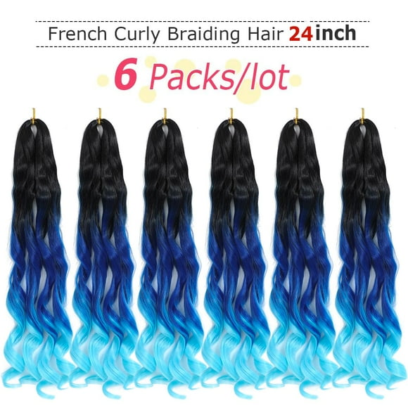 WEIF-Ombre blue French Curly Braiding Hair 24 Inch 6 Packs Black Loose Wave Bouncy Crochet Hair Pre Stretched 100g/pack Yaki Curly Braiding Hair for Black Women Hair Extensions (Ombre blue)