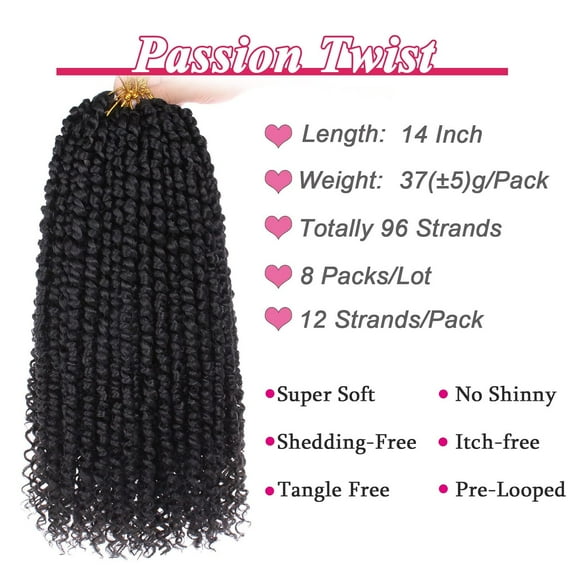 WEIF-Passion Twist Hair 14 Inch 8 Packs Pre twisted looped Passion Twist Crochet Hair With Curls Natural Black Synthetic Short Bohemian Passion Twist Braiding Hair Extensions for Women 1B#