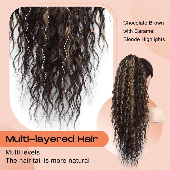 WEIF-Ponytail Extension, PT005 Isabella 26" Long Bohemian Curly Highlight Drawstring Ponytail Multi Layered Light Fluffy Clip in Hair Extensions Ponytail Chocolate Brown Caramel Blonde Highlights