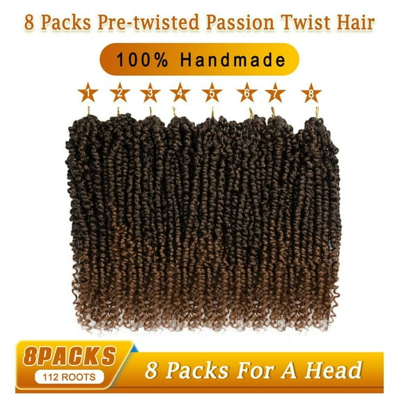 WEIF-Pre-Twisted Passion Twist Hair 12 Inch, 112 Strands Short Passion Twist Crochet Hair for Women 8 Packs Ombre Brown Pre-Looped Passion Twists Braiding Synthetic Hair Extensions (12inch,T30#)