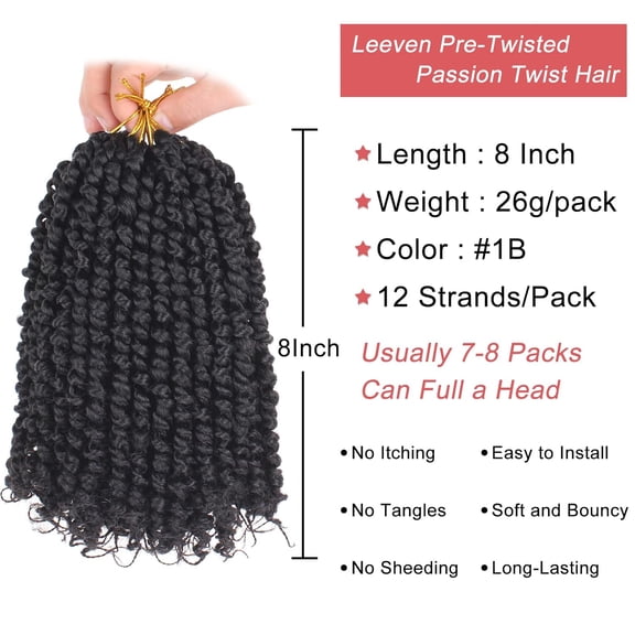 WEIF-Pre Twisted Passion Twist Hair 8 Packs 8 Inch Natural Black Pre Looped Crochet Braids Hair Short Bomb Bohemian Braids Synthetic Braiding Hair Extensions for Women #1B