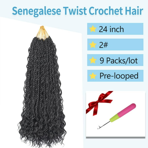 WEIF-Senegalese Twist Crochet Hair 24 Inch 9 Packs Pre-Looped Crochet Twists with Curly Ends Boho Goddess Twist Crochet Hair for Black Women Braiding Hair Extensions