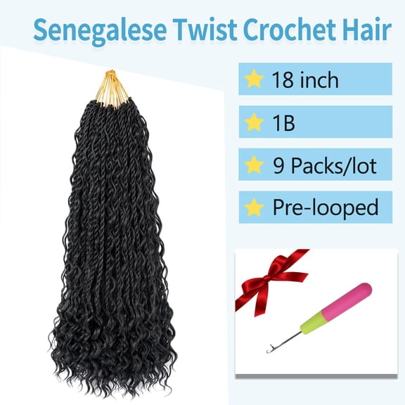 WEIF-Senegalese Twist Crochet Hair with Curly Ends 18 Inch Natural Black Boho Island Twist Crochet Braids Boho Goddess Twist Crochet Hair for Black Women(9Packs, 1B)
