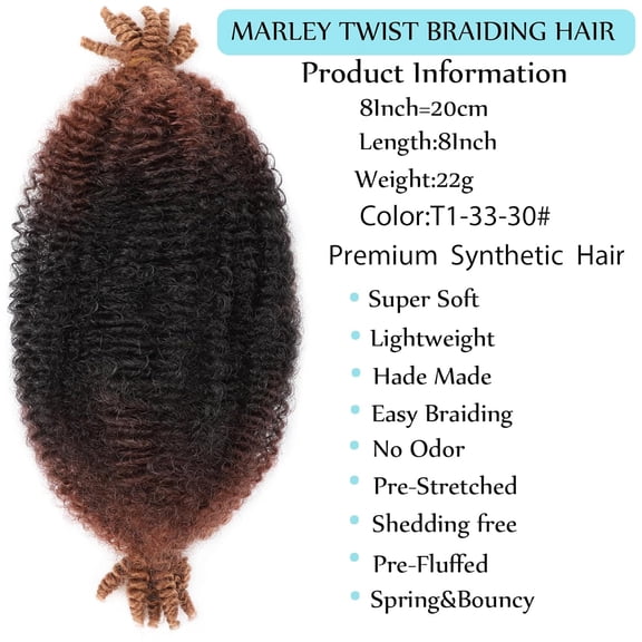 WEIF-Springy Afro Twist Hair 8 Inch Pre Stretched 8 Packs 3 Tone Marley Twist Braiding Hair Pre Fluffed Wrapping Hair for Soft Locs Hair Extensions (1B-33-30#, 8 Inch (Pack of 8))