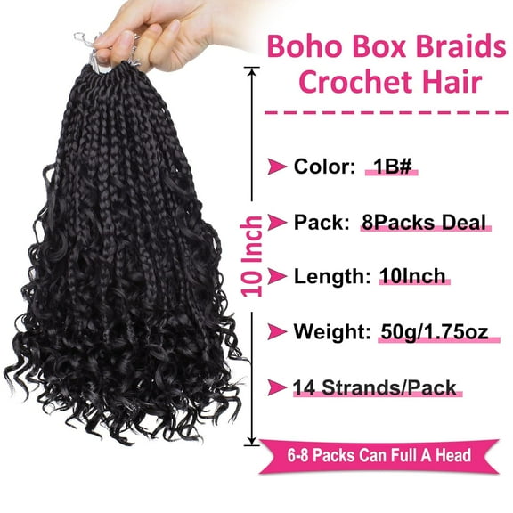 WEIF-Unionbeauty 8 Packs 10 Inch Boho Box Braids Crochet Hair Goddess Box Braids Crochet Hair for Black Woman with Curly Ends Bohemian Hippie Crochet Braids Hair Synthetic Braiding Hair Extension