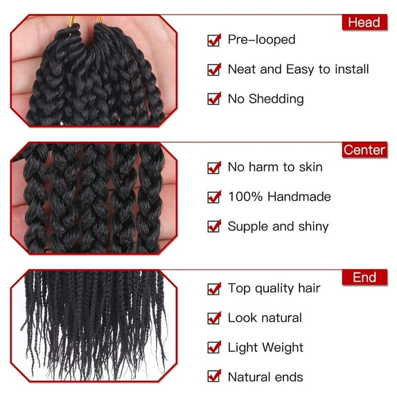 WEIF-Xtrend 36 Inch 8 Packs Box Braids Crochet Hair Pre-looped Knotless 3X Braids for Woman Boho Braids Hair Extensions Long Box Braids Natural Black Synthetic Crochet Hair (12Strands/pack 1B#)