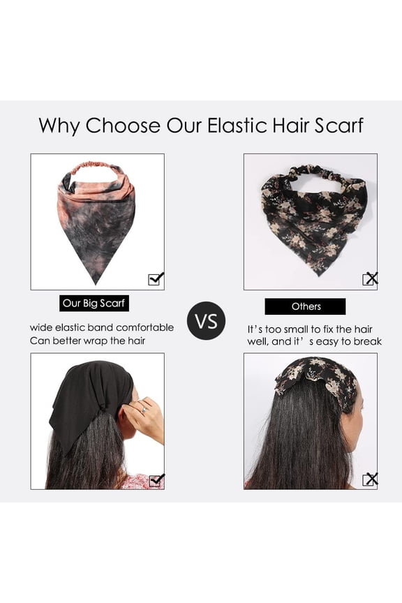 -6 Pack Hair Scarf Headband for Women Elastic Bandana Head Scarf Large Boho Triangle Kerchief with Clips Non Slip Scarves