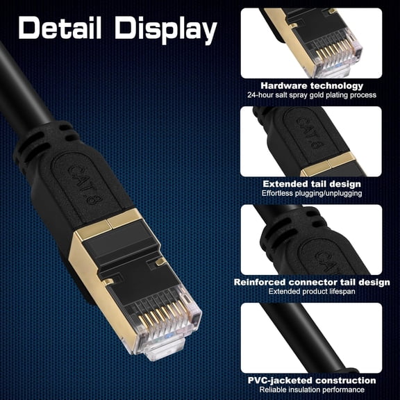 WEIFEI-Cat 8 Ethernet Cable, 30ft 9M Heavy Duty High Speed Network LAN Patch Cord with Gold Plated RJ45 Connectors, 26AWG, 2000Mhz Indoor & Outdoor Internet Network Cable for Modem Router Gaming