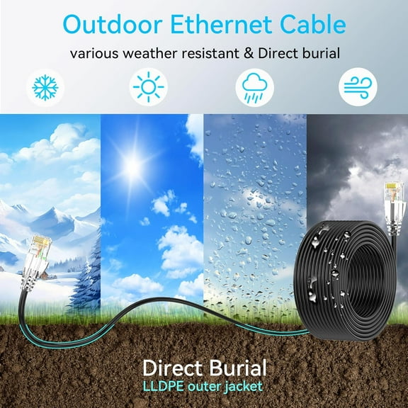 WEIFEI-Cat6a Ethernet Cable Slim 200ft Outdoor&Indoor, 28AWG Pure Copper Cat6 Internet Cable for Waterproof & Direct Burial, Flexible Cat6 Ethernet Cable 10G 550MHZ, Cat 6 Network cable for Indoo