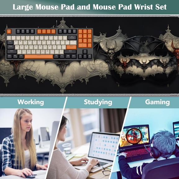 WEIFEI-Large Game Mouse Pad + Wrist Support Pad + Coffee Coaster, Desk Pad with Sewn Edges, Anti-Slip Set pad Suitable for Office Work and Home - Neo Bats