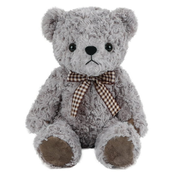 WEIGEDU Classic Fluffy Gray Teddy Bear Plush Toys Stuffed Animals with Vintage Lattice Tie, 11.8 inches