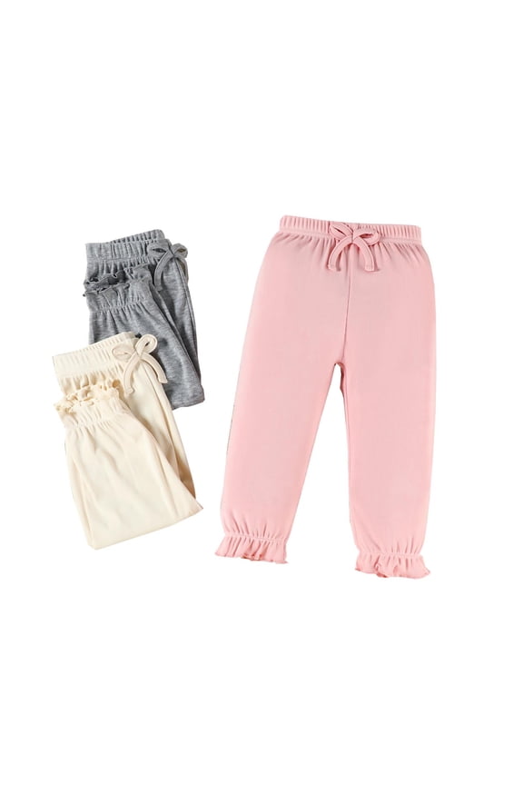 Child 3PC Toddler Girls Ribbed Pants Casual Holiday Solid Color Ruffles Bowknot Trousers Lovely Athletic Joggers Outdoor Slacks