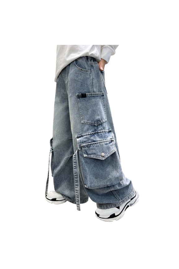 Child Boys Cargo Jogger Pants Straight Leg Denim Trousers Loose Fit Casual Wide Leg Long Pants For Fall Seasons Stylish Solid Color Slacks
