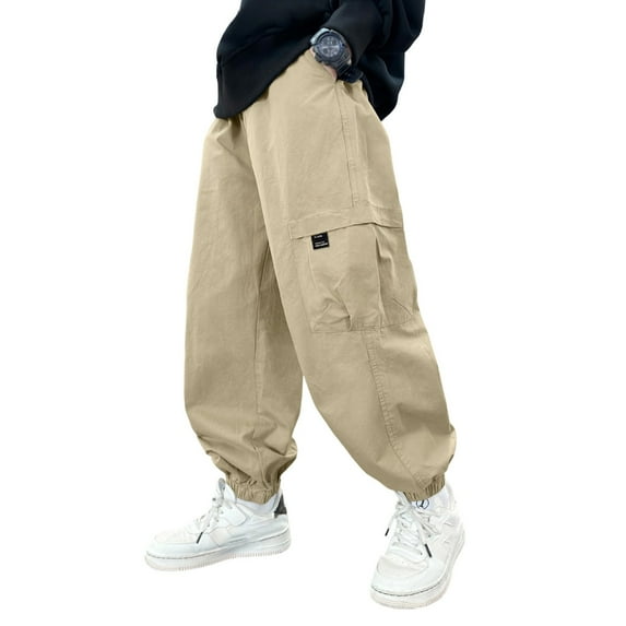 WEIGFI Child Boys Cargo Pants For Autumn Winter Fashion Loose Fit Casual Joggers With Multiple Pockets Twill Trousers For Kids Youth School Outdoor Daily Wear Birthday Solid Color Slacks