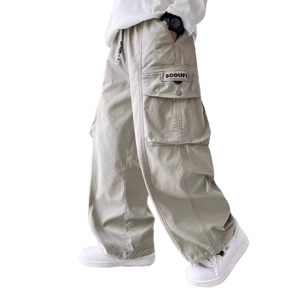 WEIGFI Child Boys Casual Pants Straight Leg Wide Cargo Pants Kids Summer Loose Fit Comfortable Daily Wear Classic Trousers Solid Color Slacks