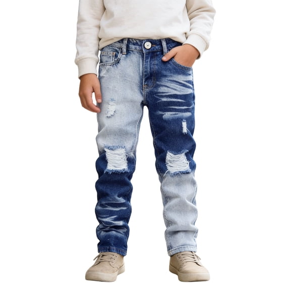 WEIGFI Child Boys Distressed Jeans High Street Fashion Casual Long Pants Kids Comfortable Stretch Denim Trousers Spring Birthday Solid Color Slacks