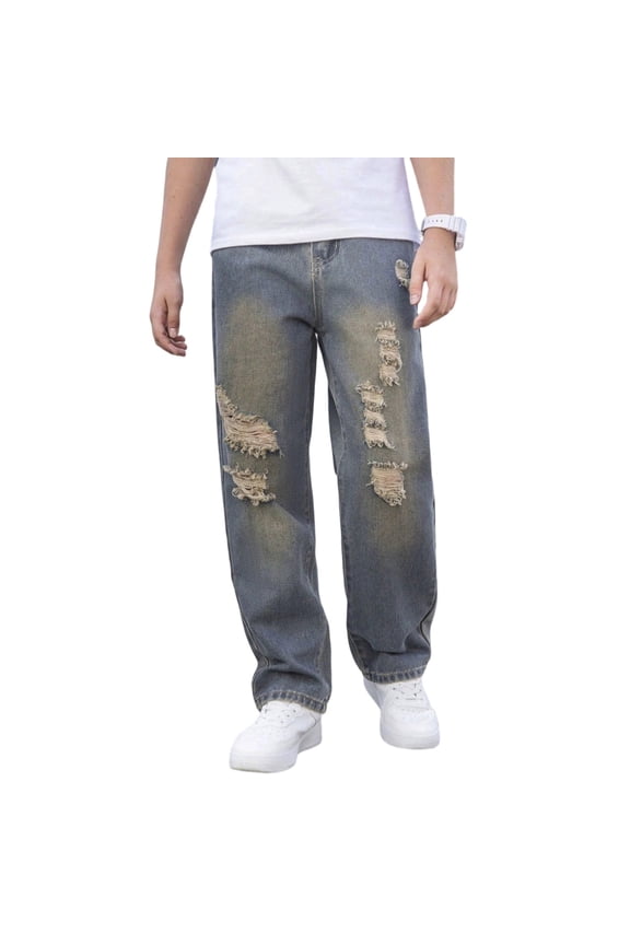 Child Distressed Denim Pants For Teen Boys High Street Hop Fashion Casual Trousers With Ripped Details Comfortable Stylish Long Pants For Youth Breathable Solid Color Slacks