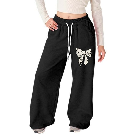 WEIGFI Child Girls Bowknot Printed Jogger Pants Soft Casual Athletic Trousers With Elastic Waist For Play And School Comfort Trendy Slacks