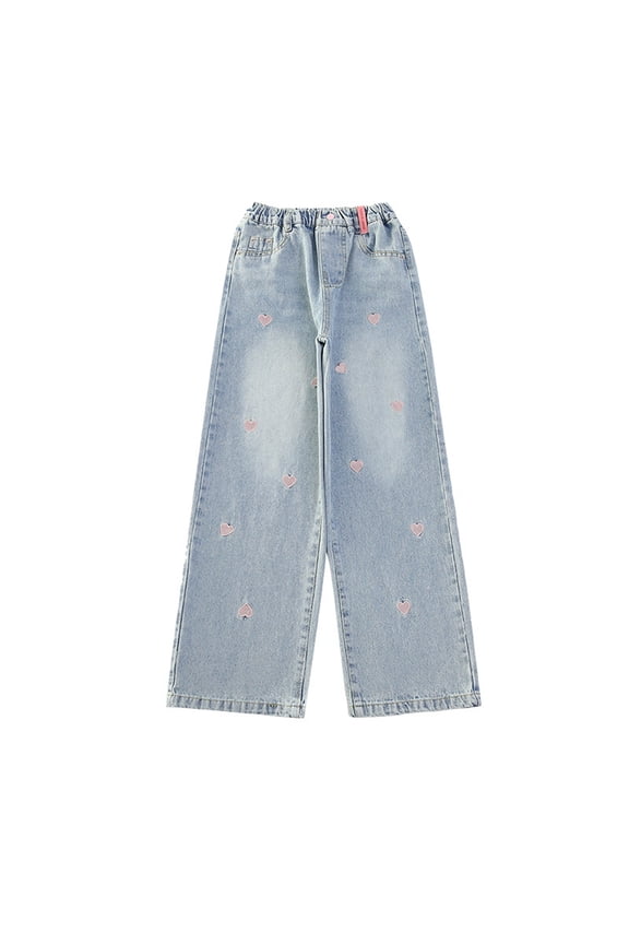 Child Girls Floral Embroidered Wide Leg Pants Fashion Trousers Light Wash Denim Jeans For Teen Girls Casual Boho Retro Style Comfortable Everyday Wear Cute Solid Color Slacks