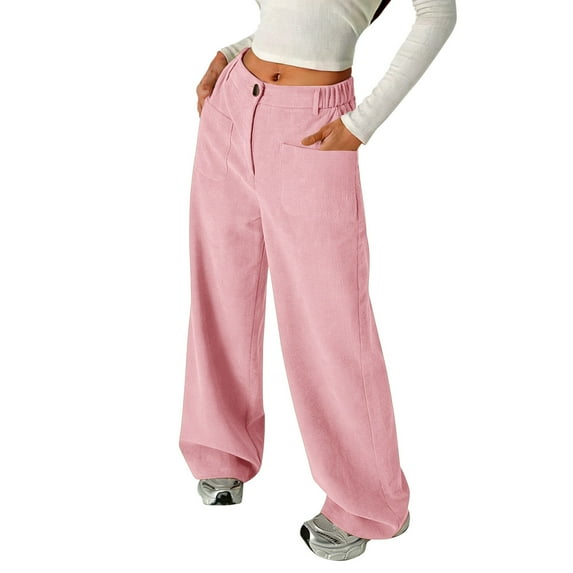 WEIGFI Child Kids Girl's Solid Color Corduroy Wide Leg Pants Button Front Zipper Straight Pants With Pockets For Teen Youth Comfort Trousers Slacks