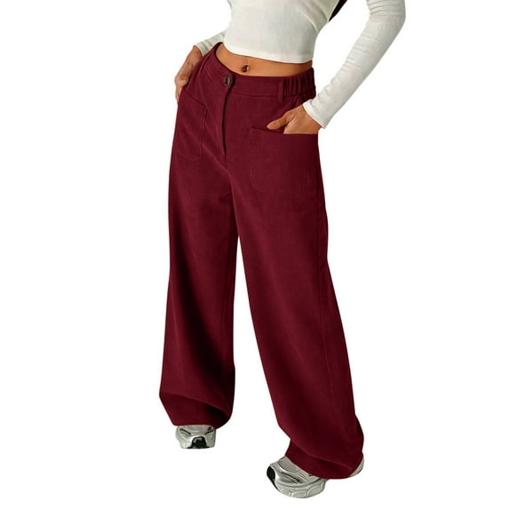 WEIGFI Child Kids Girl's Solid Color Corduroy Wide Leg Pants Button Front Zipper Straight Pants With Pockets For Teen Youth Holiday Trousers Slacks