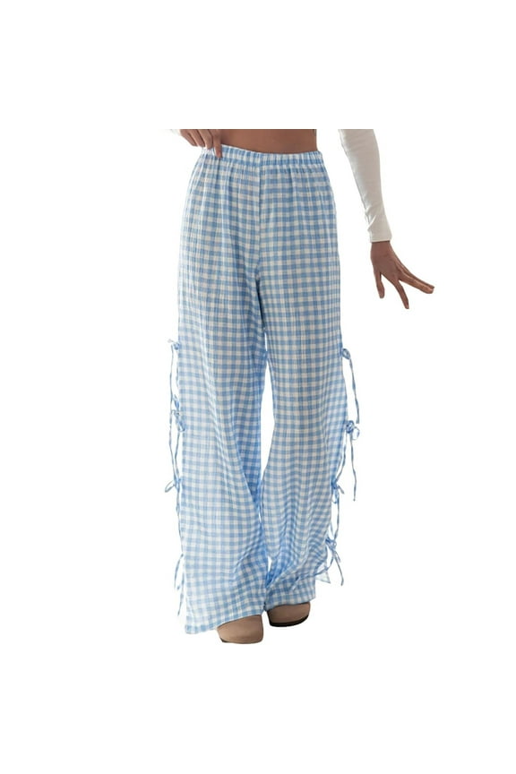 Child Little Girls Kids Wide Leg Gingham Pants Elastic High Waist Side Tie Loose Fit Plaid Trouser Lace Up Pants Relaxed Fit Solid Color Slacks