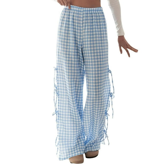 WEIGFI Child Little Girls Kids Wide Leg Gingham Pants Elastic High Waist Side Tie Loose Fit Plaid Trouser Lace Up Pants Comfort Solid Color Slacks