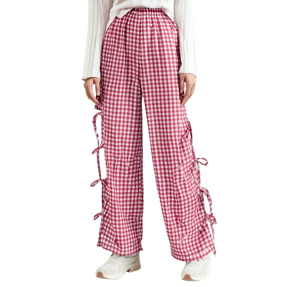 WEIGFI Child Little Girls Kids Wide Leg Gingham Pants Elastic High Waist Side Tie Loose Fit Plaid Trouser Lace Up Pants Leisure Solid Color Slacks