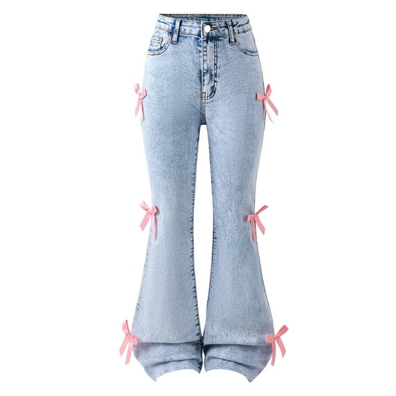 WEIGFI Child Stylish Distressed Denim Bottom Pants For Teen Girls With Bow Flared Leg Design Boho Trousers Solid Color Slacks
