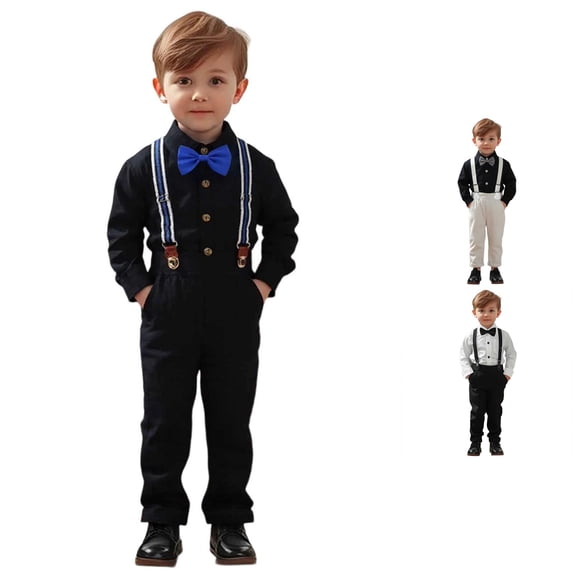 WEIGFI Child Toddler Boys Foamal Suit Dressy Outfit Sets Long Sleeve Button Shirt And Pants Suspenders Bowknot 4 Piece Set Gentleman Stage Performance Wedding Comfort Vacation Clothes,Black,3-4 Years